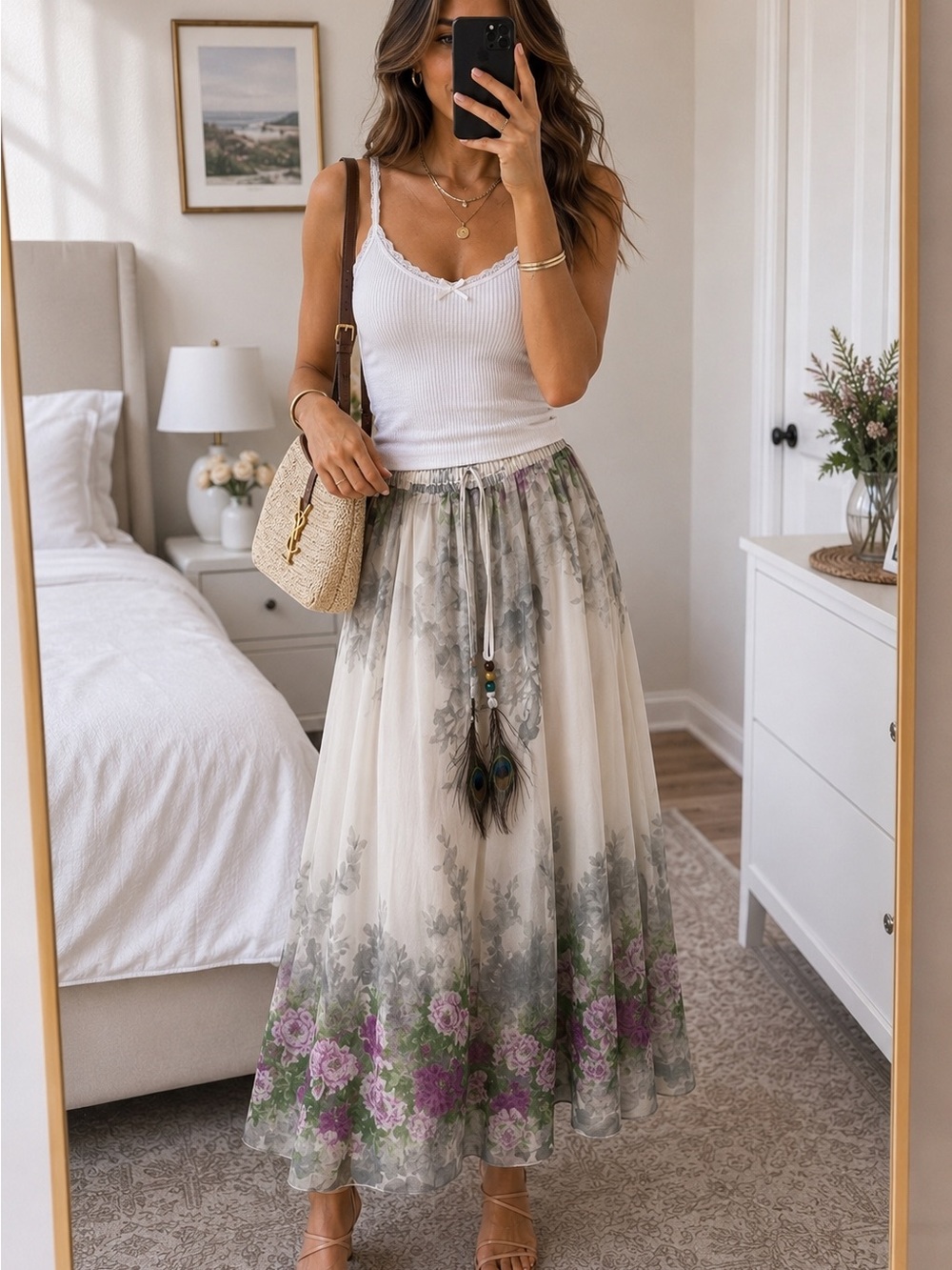 NWT Boho Floral Maxi Skirt Chiffon Cottagecore Romantic Feminine Coastal Boho